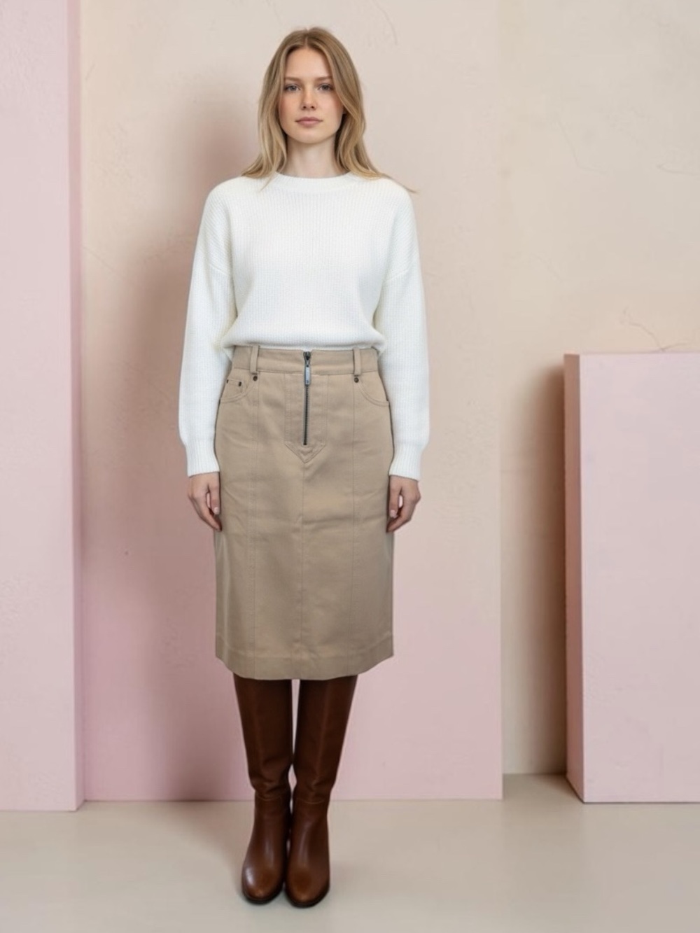 Louis Vuitton Beige Midi Pencil Skirt with Front Zip
